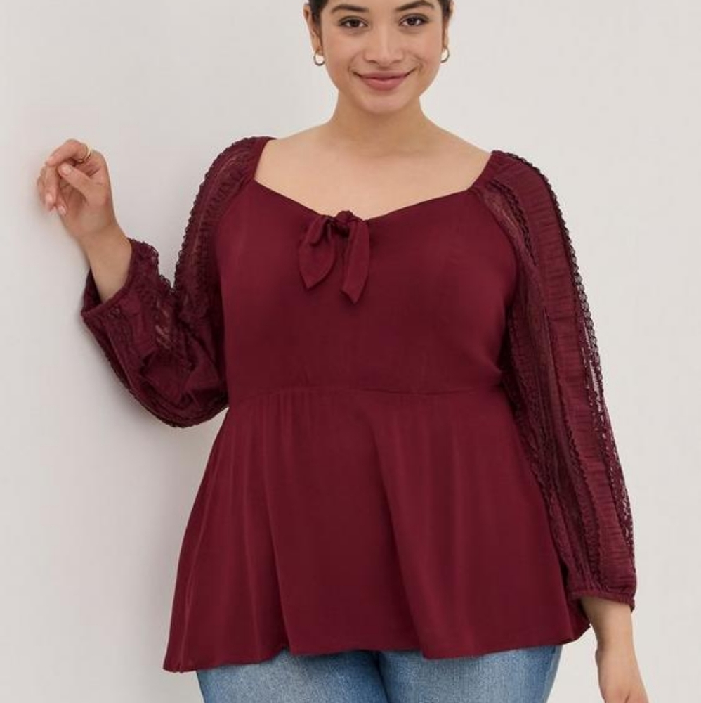 Torrid Peplum Rayon Crepe Embroidered Sleeve Top 0X